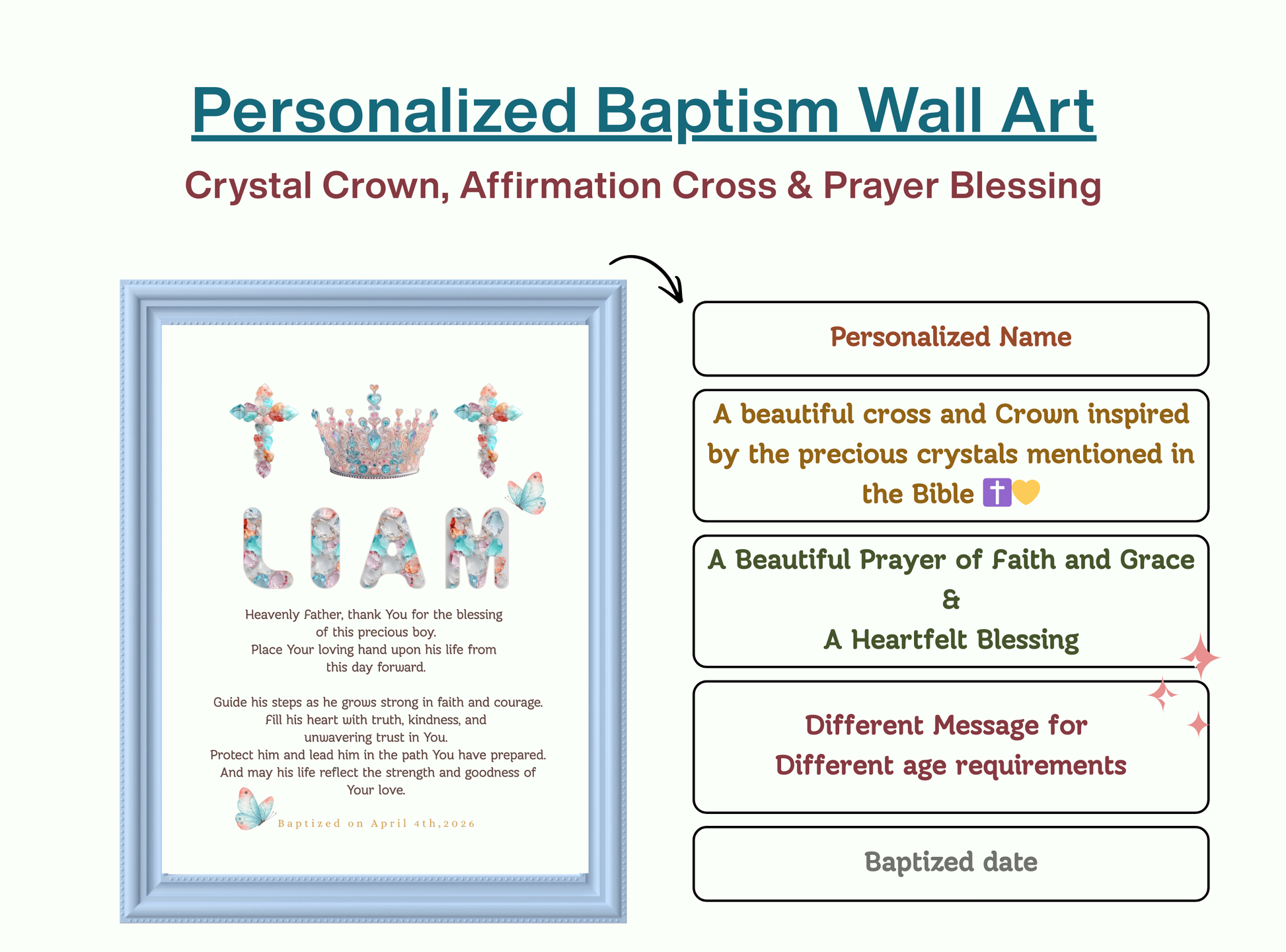 Personalized baptism wall art with crystal crown and cross design, custom name, baptism date, and heartfelt prayer blessing. Royal Christian keepsake for all ages.