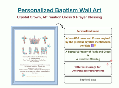 Personalized baptism wall art with crystal crown and cross design, custom name, baptism date, and heartfelt prayer blessing. Royal Christian keepsake for all ages.
