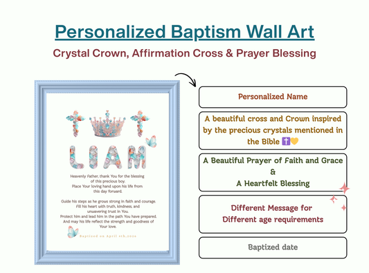 Personalized baptism wall art with crystal crown and cross design, custom name, baptism date, and heartfelt prayer blessing. Royal Christian keepsake for all ages.