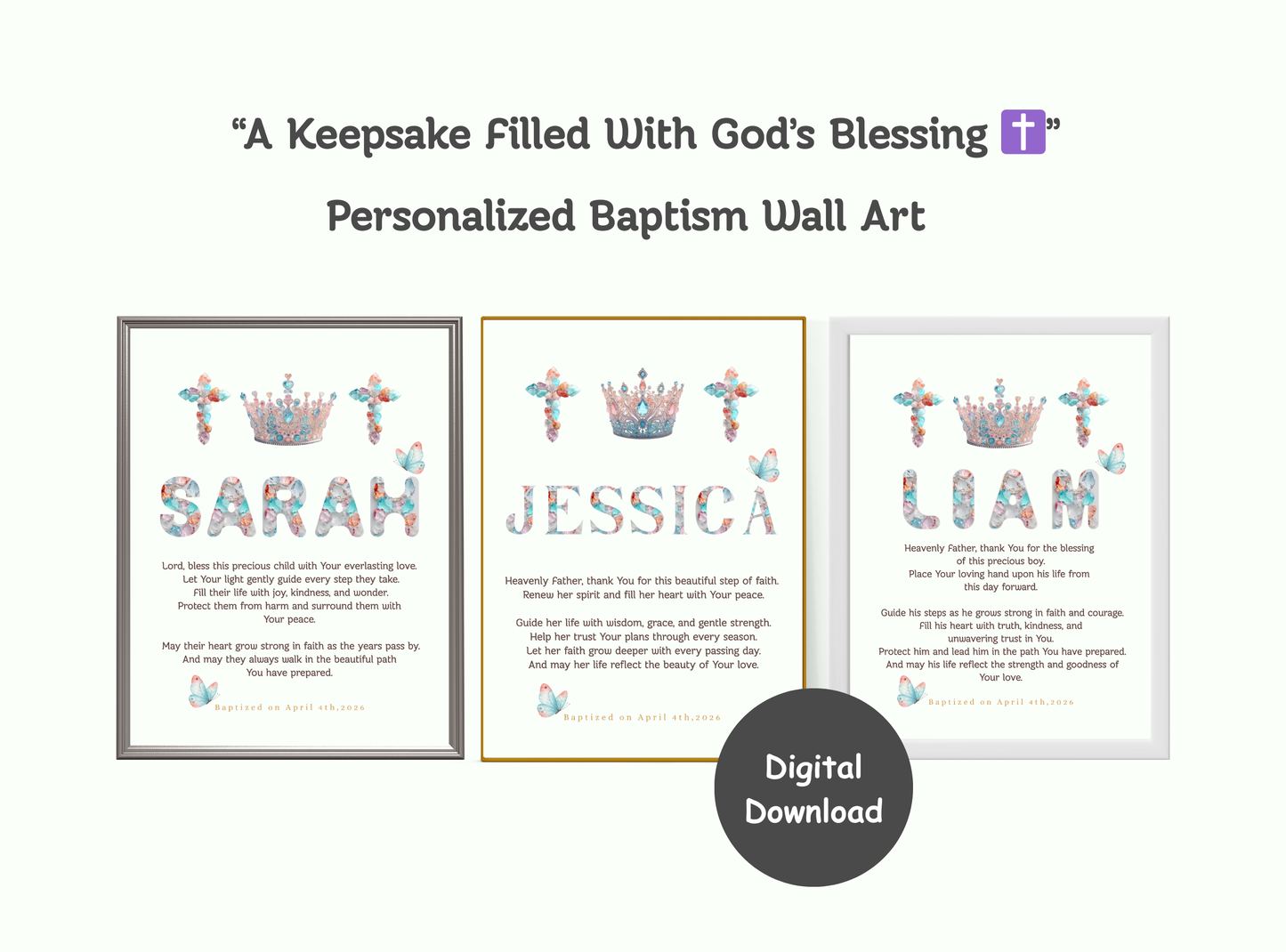Personalized baptism wall art with crystal crown and cross design, custom name, baptism date, and heartfelt prayer blessing. Royal Christian keepsake for all ages.