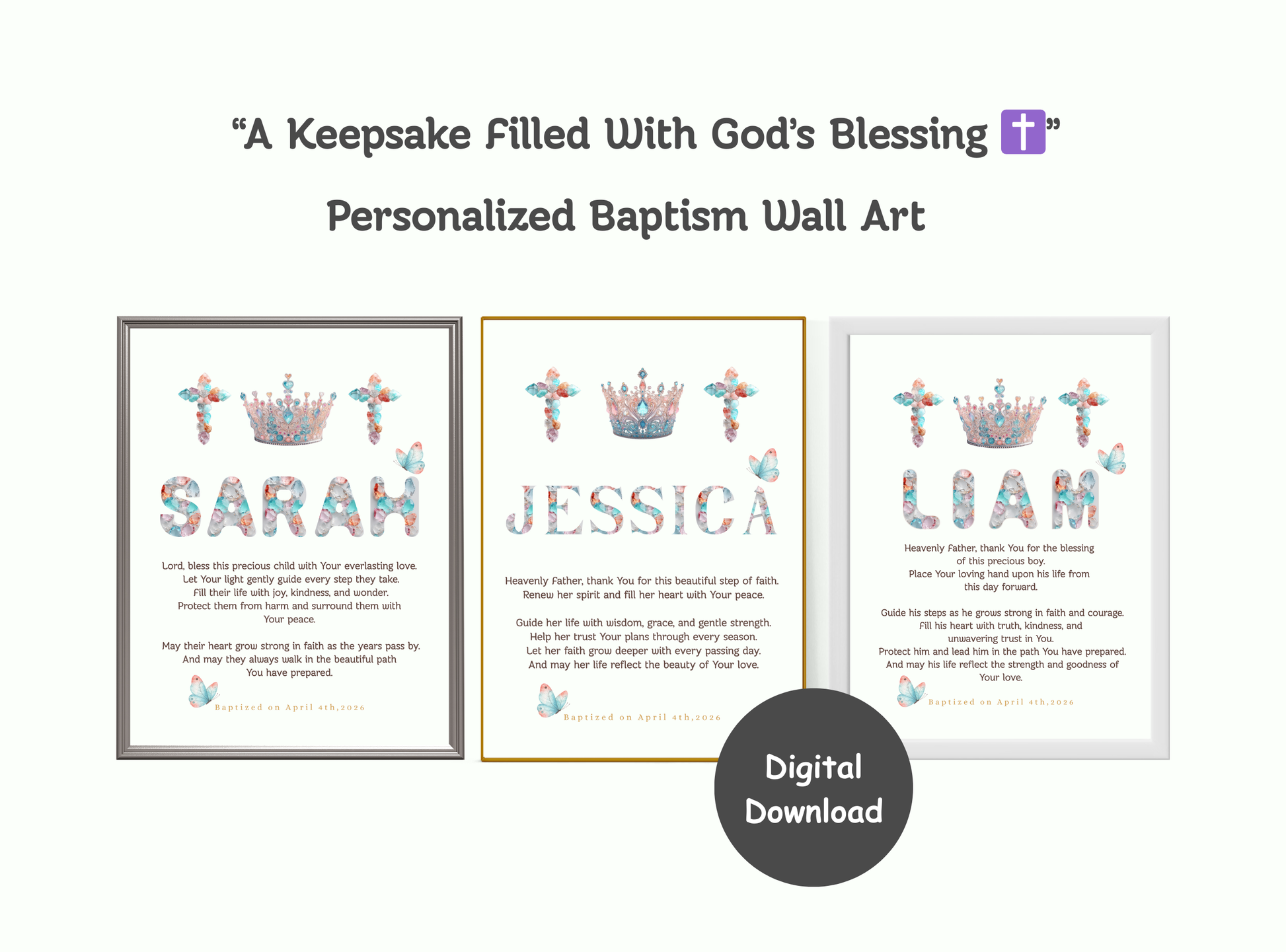 Personalized baptism wall art with crystal crown and cross design, custom name, baptism date, and heartfelt prayer blessing. Royal Christian keepsake for all ages.
