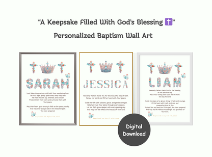 Personalized baptism wall art with crystal crown and cross design, custom name, baptism date, and heartfelt prayer blessing. Royal Christian keepsake for all ages.