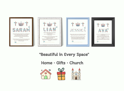 Personalized baptism wall art with crystal crown and cross design, custom name, baptism date, and heartfelt prayer blessing. Royal Christian keepsake for all ages.