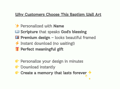 Set of 4 Personalized Baptism Wall Art Prints | Premium Christian Keepsake Bundle | Name Blessing, Prayer, Cross & 7 Bible Affirmations