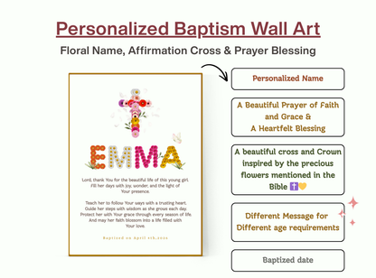 Personalized baptism wall art with floral name design, cross, custom date, and heartfelt prayer blessing. Elegant Christian keepsake for all ages.