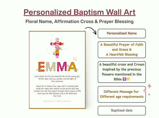 Personalized baptism wall art with floral name design, cross, custom date, and heartfelt prayer blessing. Elegant Christian keepsake for all ages.