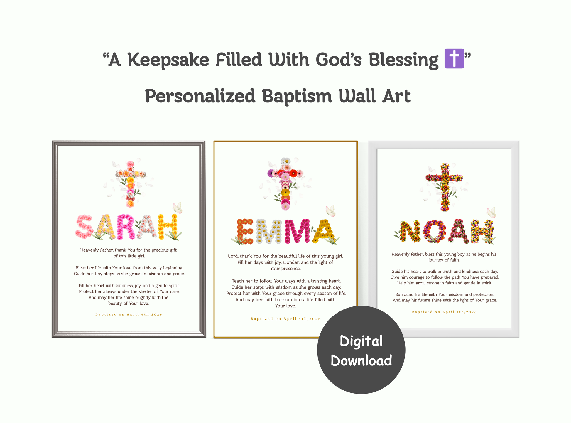 Personalized baptism wall art with floral name design, cross, custom date, and heartfelt prayer blessing. Elegant Christian keepsake for all ages.
