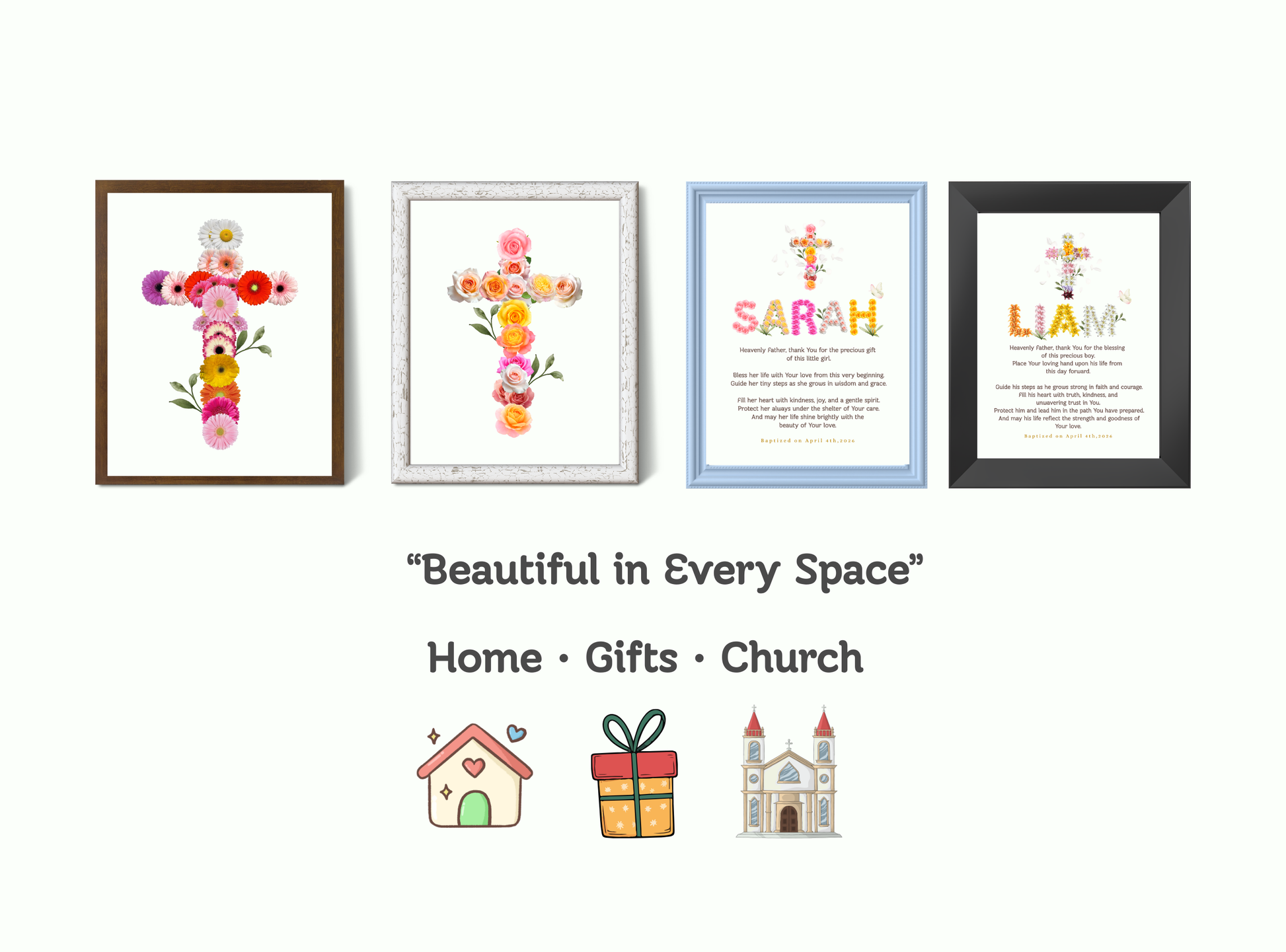 Personalized baptism wall art with floral name design, cross, custom date, and heartfelt prayer blessing. Elegant Christian keepsake for all ages.