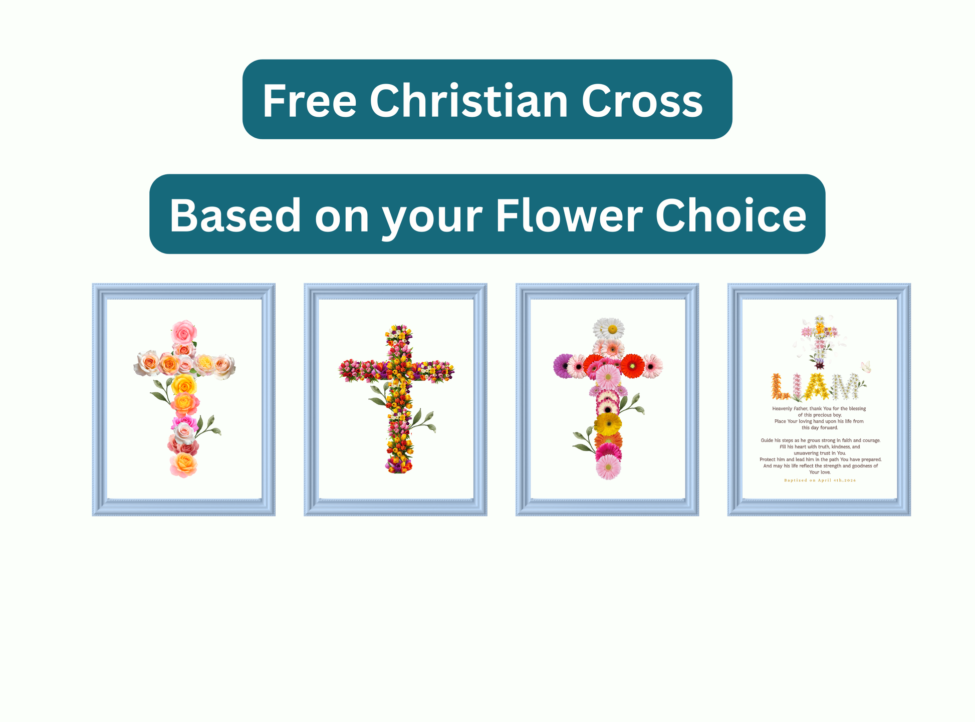 Personalized baptism wall art with floral name design, cross, custom date, and heartfelt prayer blessing. Elegant Christian keepsake for all ages.