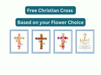 Personalized baptism wall art with floral name design, cross, custom date, and heartfelt prayer blessing. Elegant Christian keepsake for all ages.