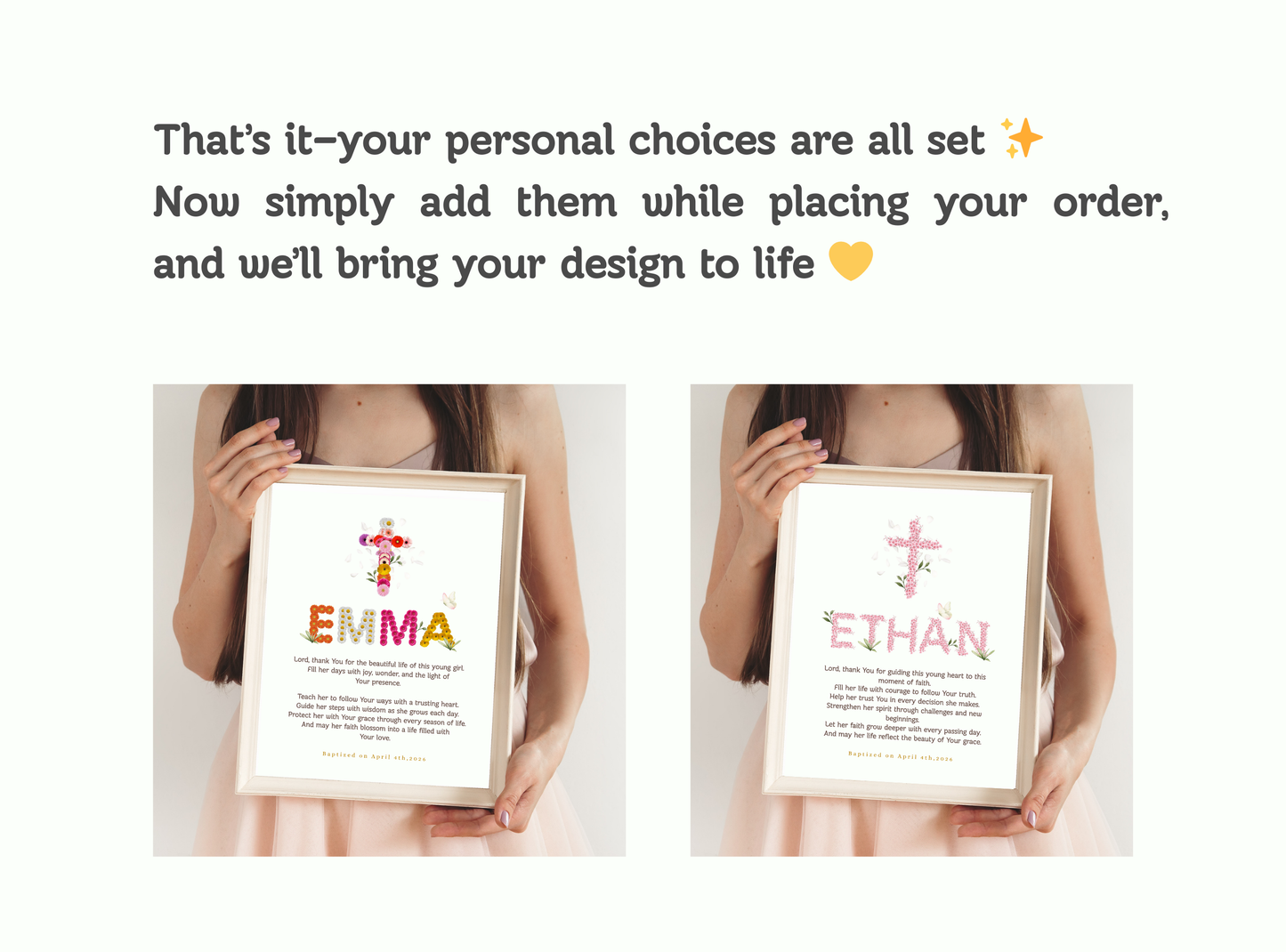 Personalized baptism wall art with floral name design, cross, custom date, and heartfelt prayer blessing. Elegant Christian keepsake for all ages.