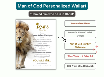 Personalized Christian Wall Art for Men | Lion of Judah | Man of God, Chosen Called Set Apart Bible Verse Print