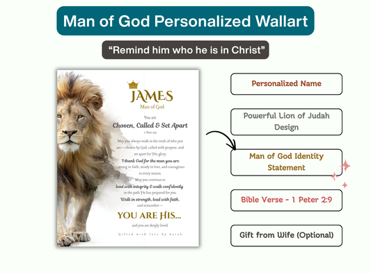 Personalized Christian Wall Art for Men | Lion of Judah | Man of God, Chosen Called Set Apart Bible Verse Print