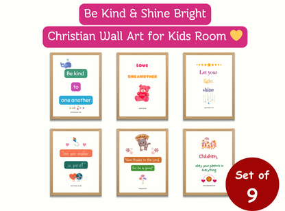 Be Kind & Shine Bright | Christian Wall Art for Kids Room | Set of 9