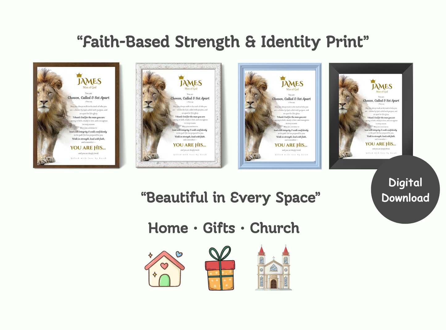 Personalized Christian Wall Art for Men | Lion of Judah | Man of God, Chosen Called Set Apart Bible Verse Print