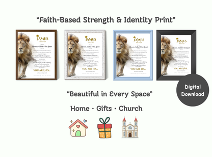 Personalized Christian Wall Art for Men | Lion of Judah | Man of God, Chosen Called Set Apart Bible Verse Print