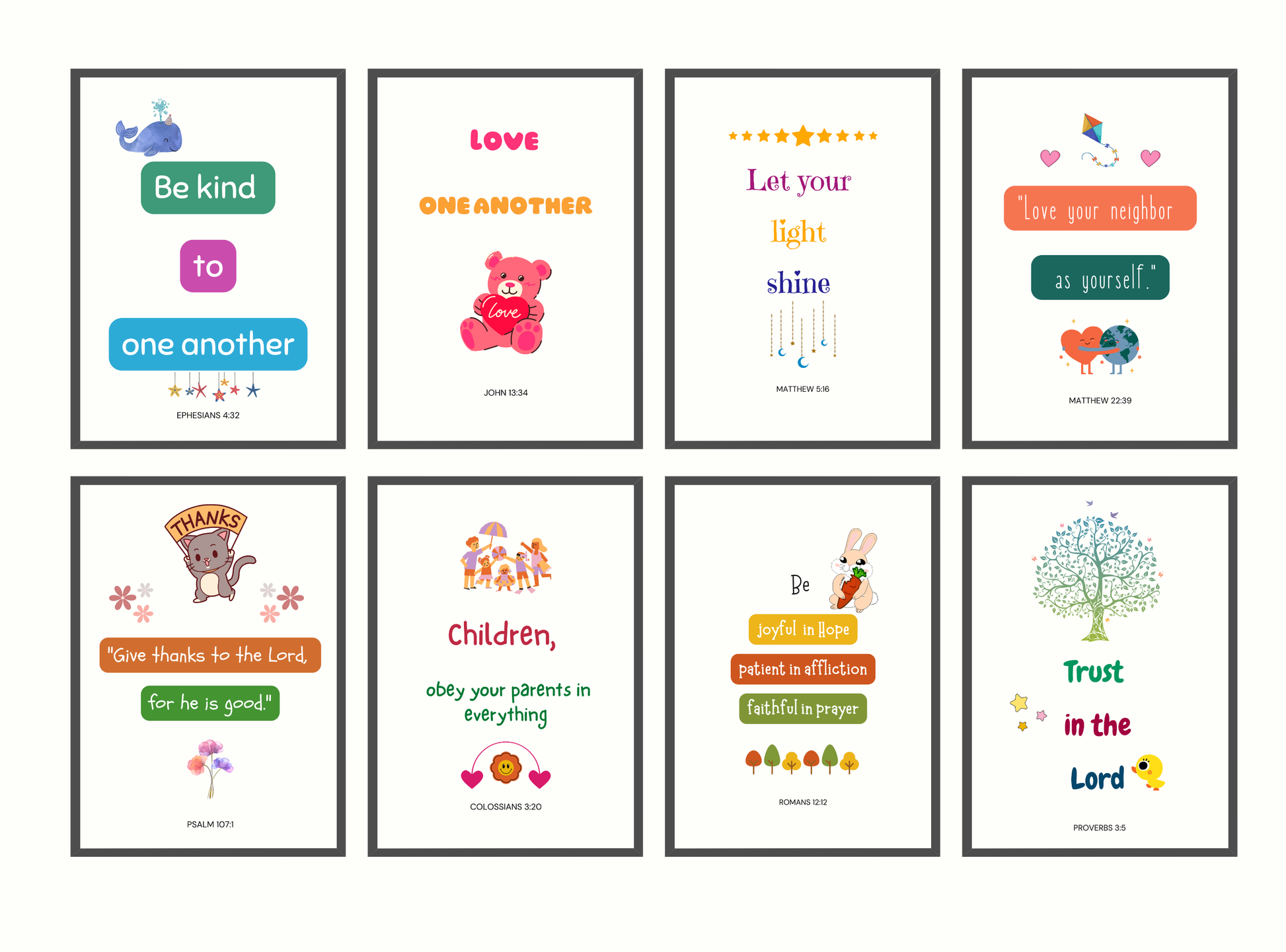 Be Kind & Shine Bright | Christian Wall Art for Kids Room | Set of 9