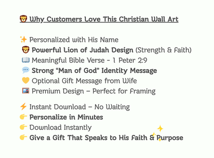 Personalized Christian Wall Art for Men | Lion of Judah | Man of God, Chosen Called Set Apart Bible Verse Print