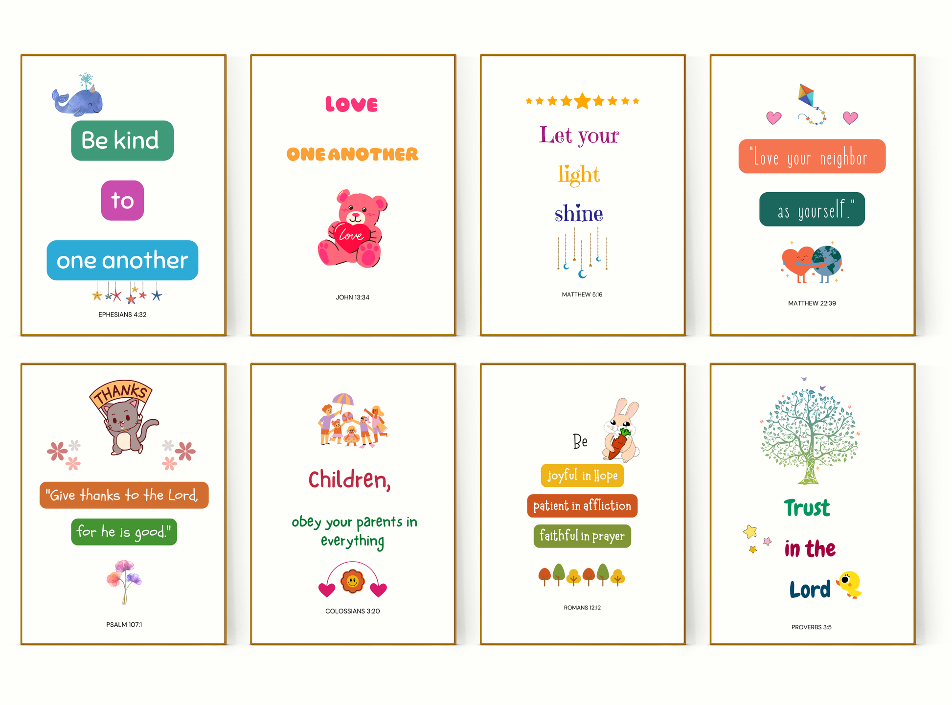 Be Kind & Shine Bright | Christian Wall Art for Kids Room | Set of 9