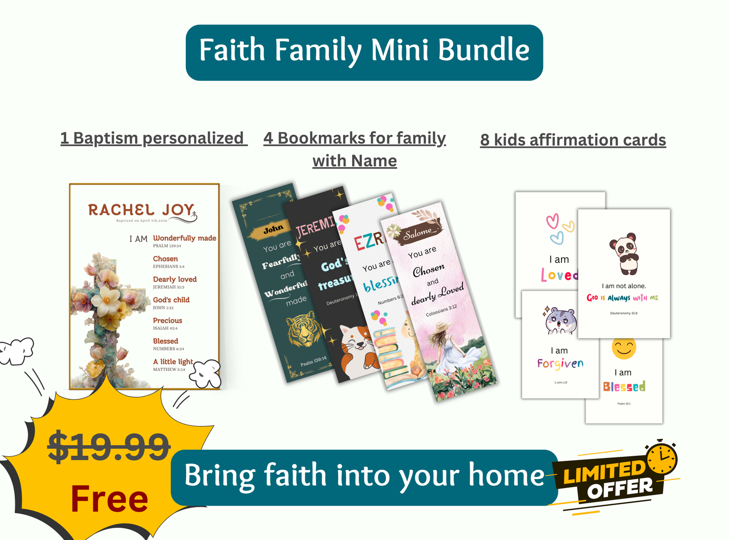 christian family bundle, free christian printables, bible verse wall art, baptism wall art printable, christian bookmarks printable, kids affirmation cards bible, christian kids printables, family faith printables