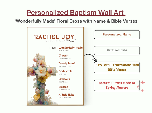 Personalized Baptism Wall Art with floral cross and customizable name
