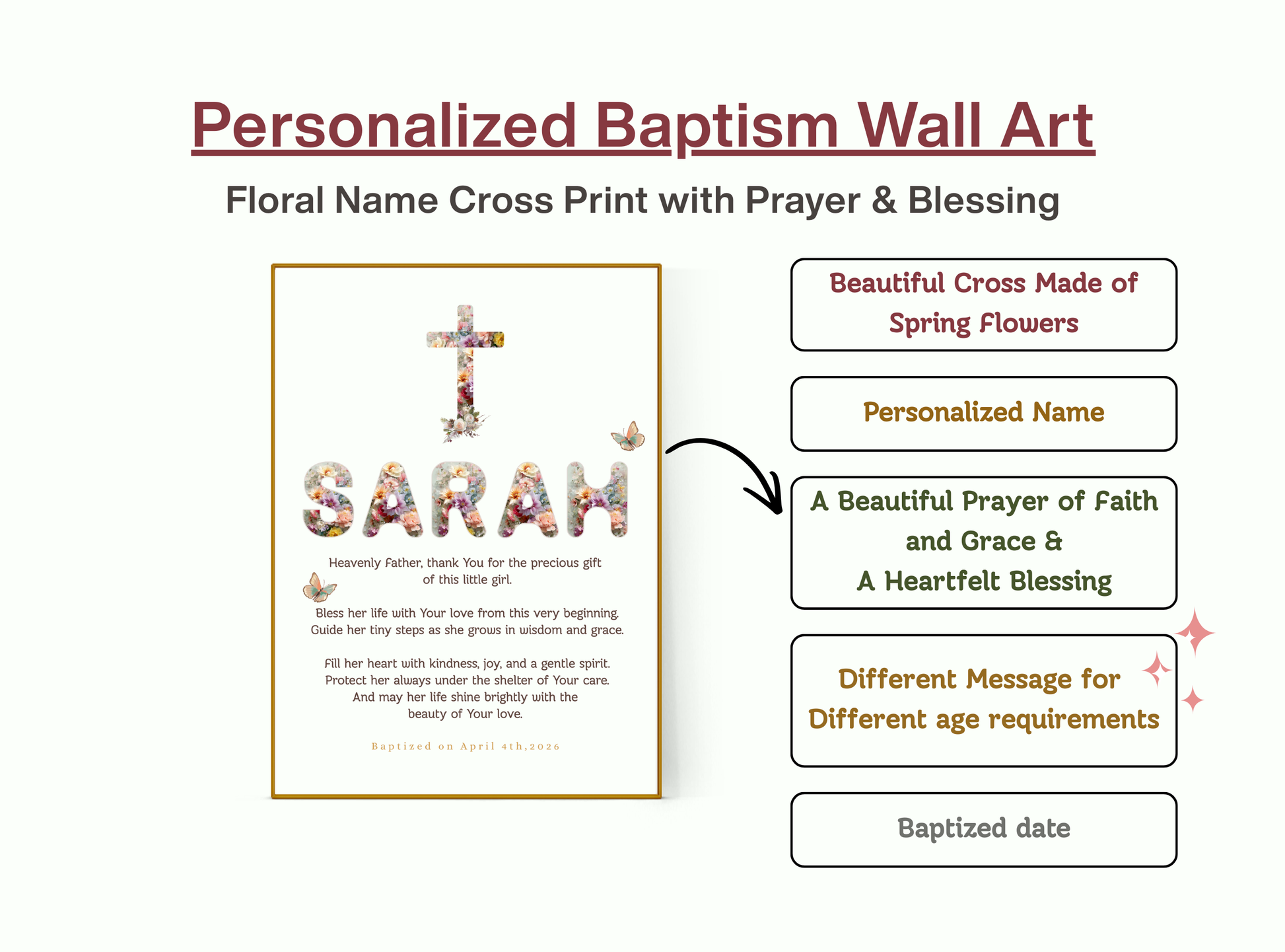 Personalized Baptism Wall Art with floral cross design