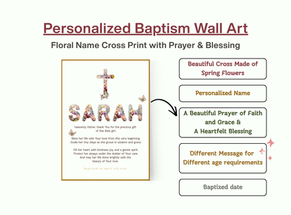 Personalized Baptism Wall Art with floral cross design