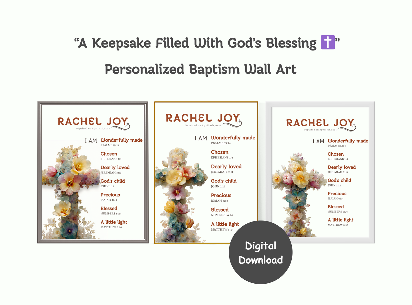 Personalized Baptism Wall Art with floral cross and customizable name