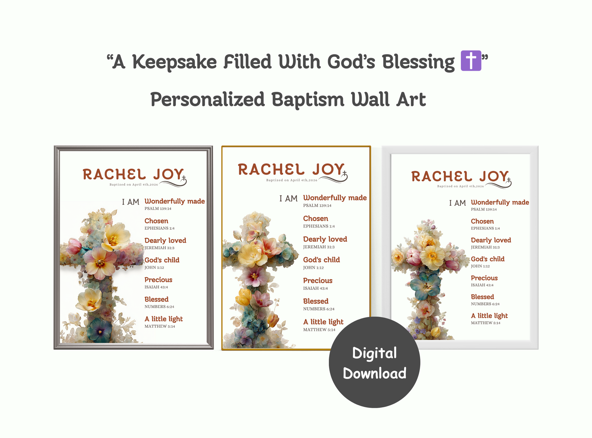 Personalized Baptism Wall Art with floral cross and customizable name