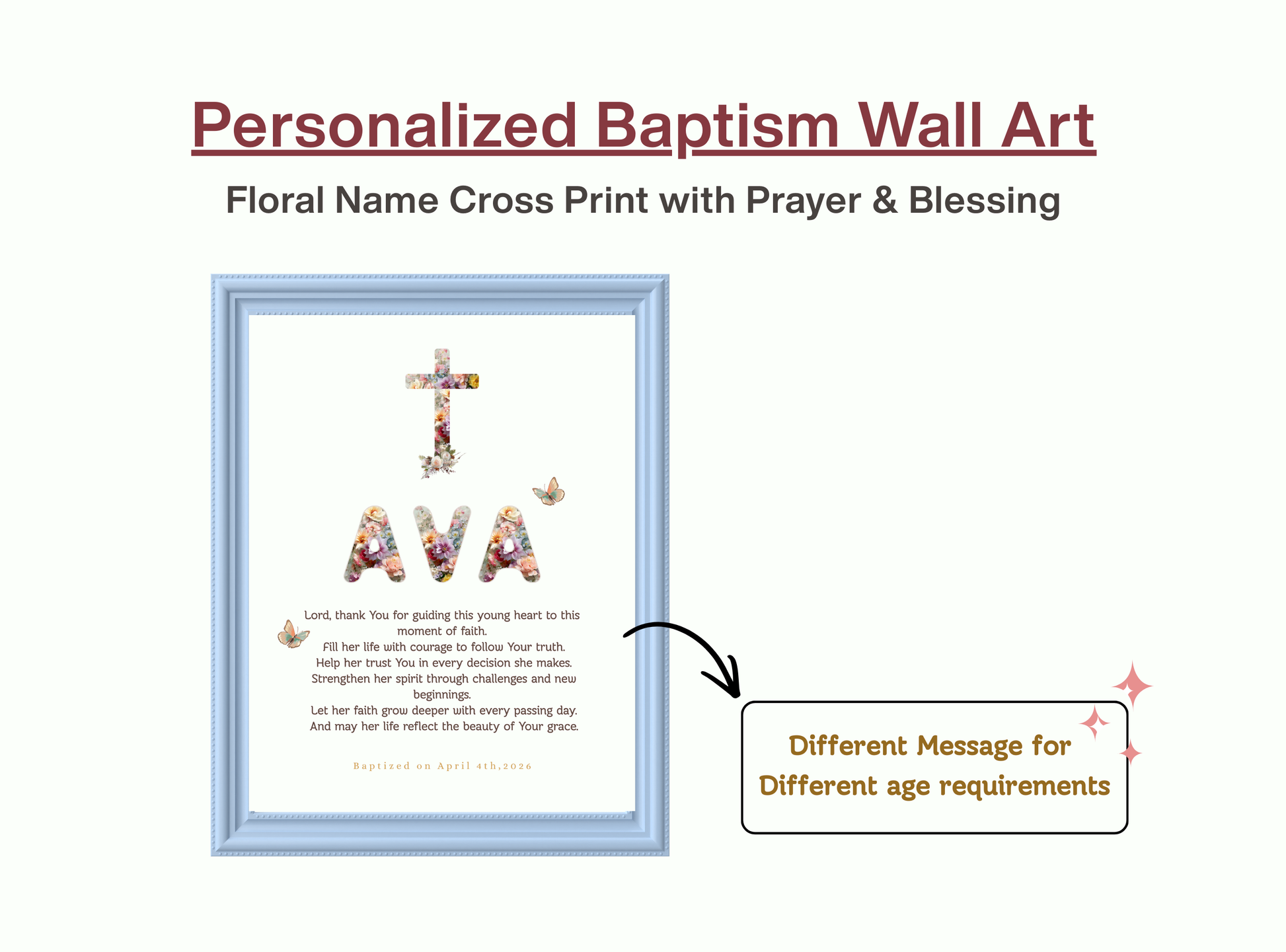 Personalized Baptism Wall Art with floral cross design