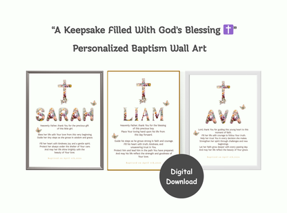 Personalized Baptism Wall Art with floral cross design