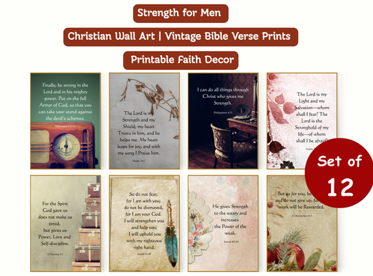 Strength for Men | Christian Wall Art | Vintage Bible Verse Prints | 12 Printable Faith Décor