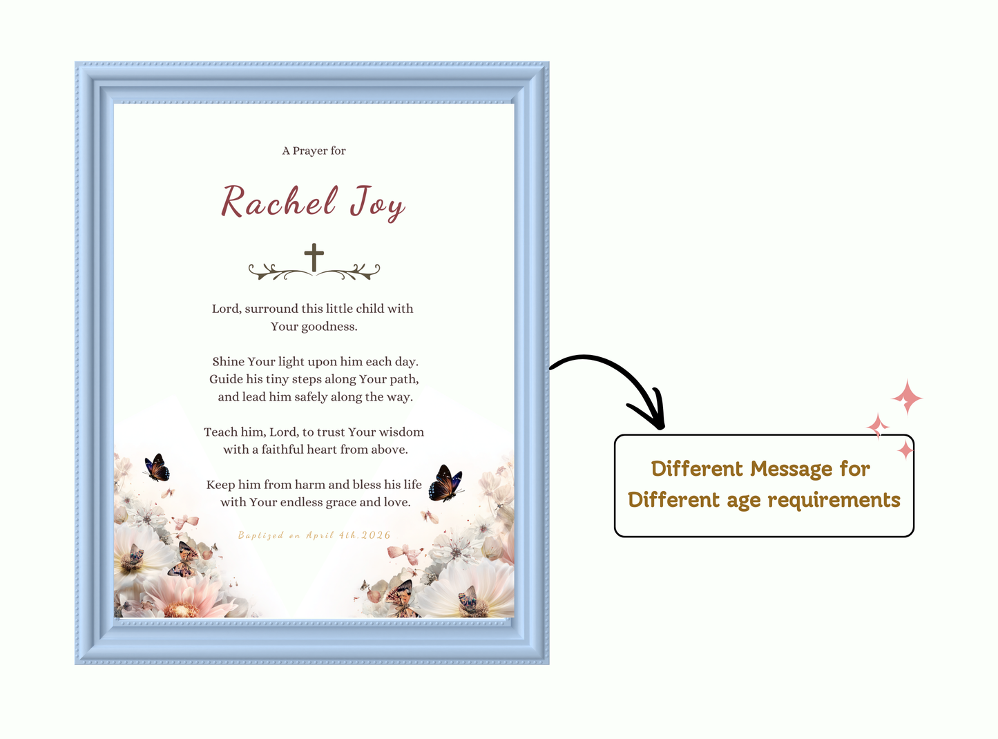 Personalized Baptism Prayer Wall Art with floral design and customizable elements.