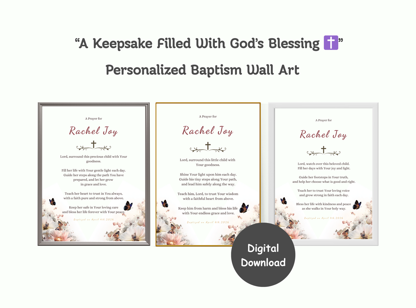 Personalized Baptism Prayer Wall Art with floral design and customizable elements.