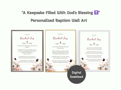 Personalized Baptism Prayer Wall Art with floral design and customizable elements.