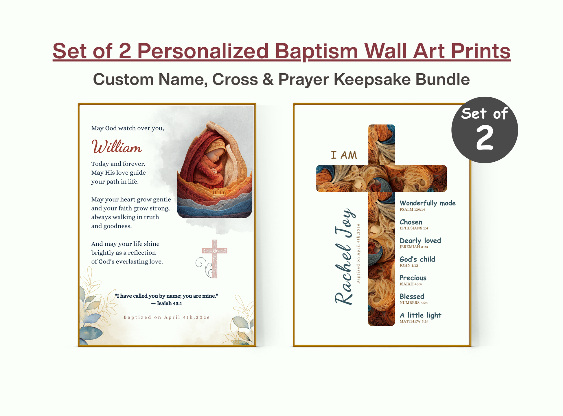 Set of 2 Personalized Baptism Wall Art Prints with customizable text.