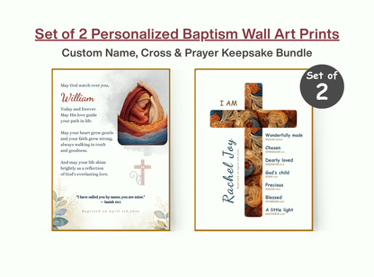Set of 2 Personalized Baptism Wall Art Prints with customizable text.