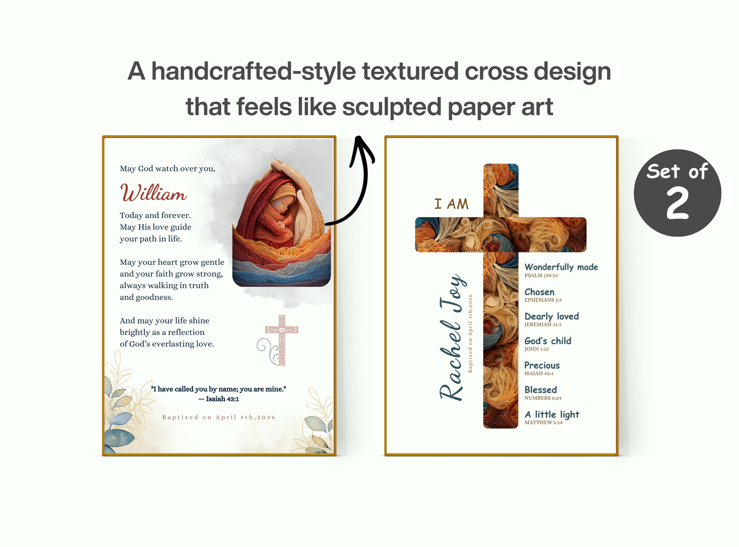 Set of 2 Personalized Baptism Wall Art Prints with customizable text.