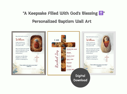 Set of 2 Personalized Baptism Wall Art Prints with customizable text.
