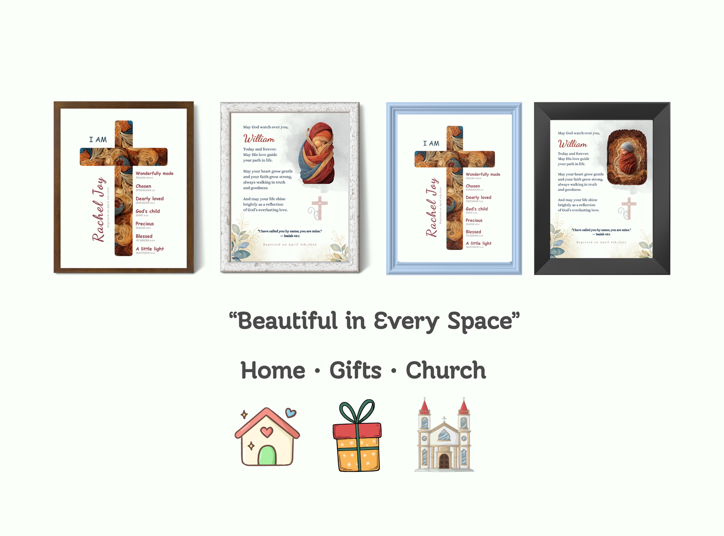 Set of 2 Personalized Baptism Wall Art Prints with customizable text.