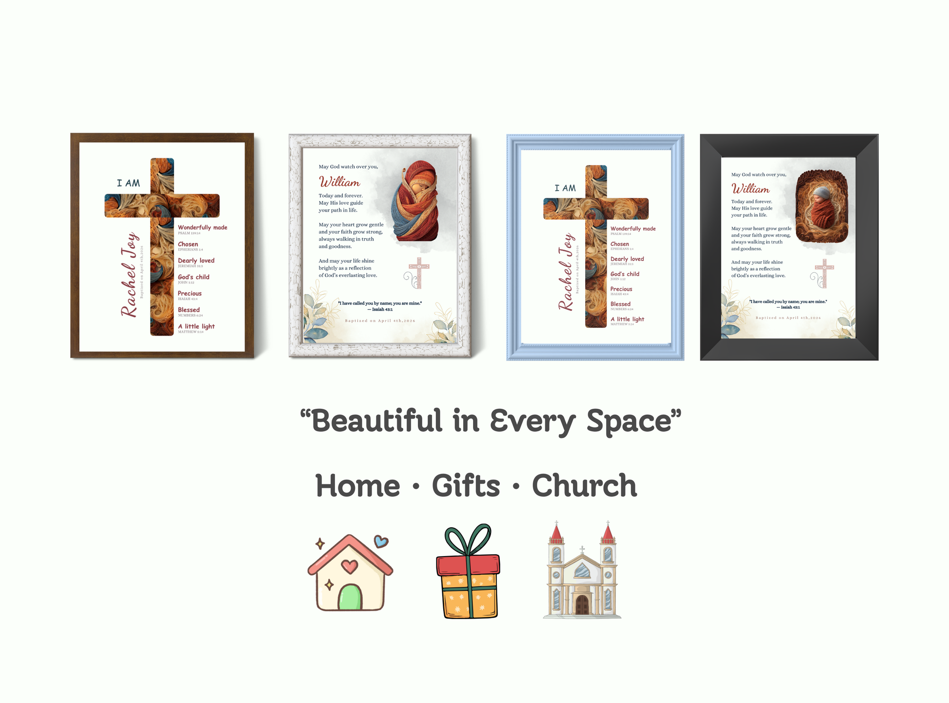 Set of 2 Personalized Baptism Wall Art Prints with customizable text.