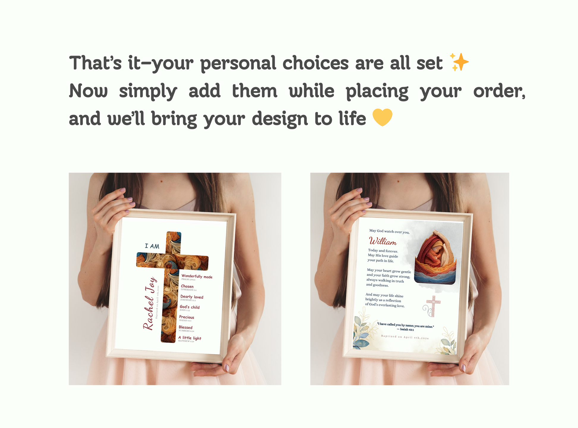 Set of 2 Personalized Baptism Wall Art Prints with customizable text.