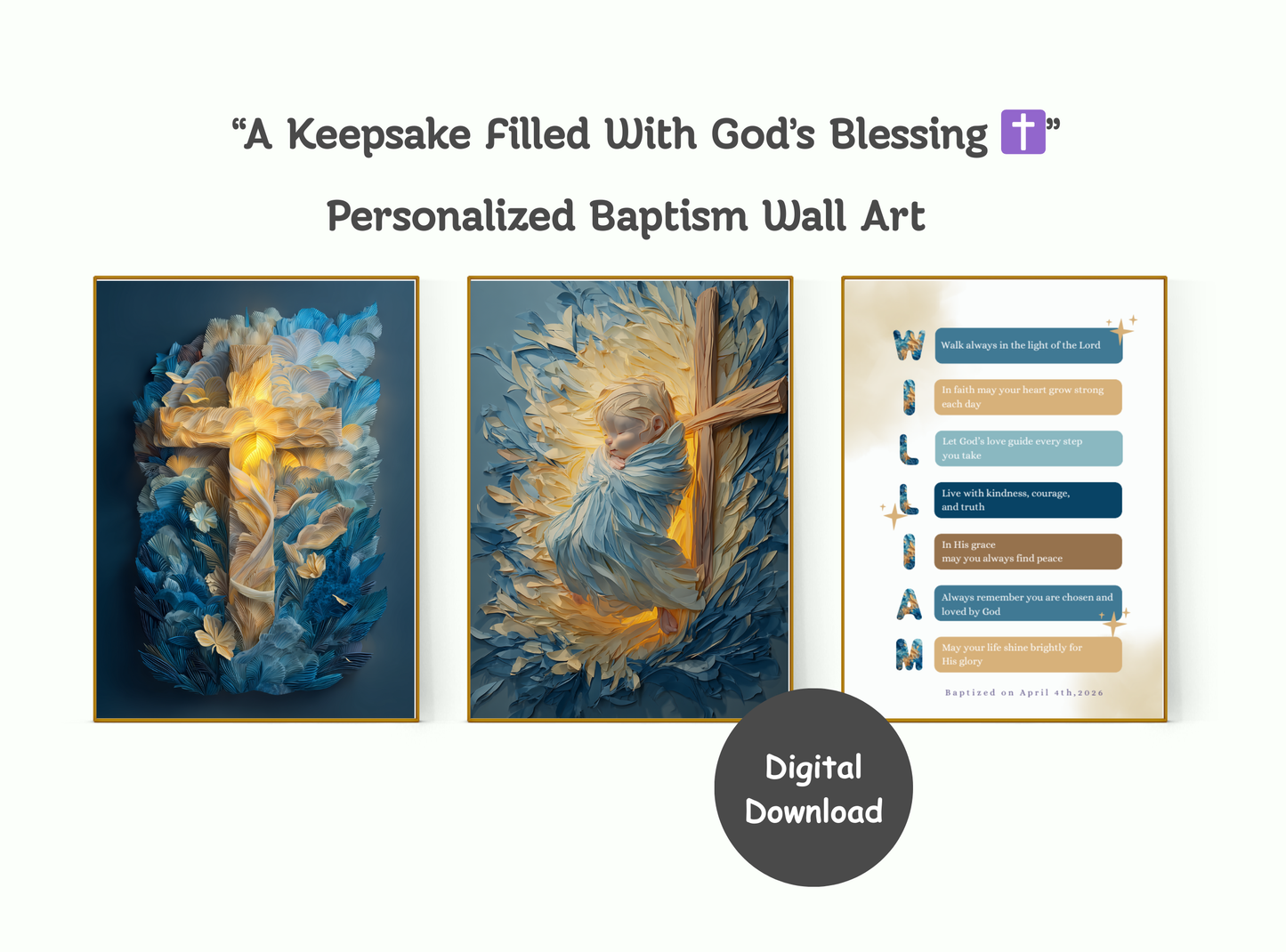 Set of 4 personalized baptism wall art prints with baby portraits, crosses, and prayer keepsakes.