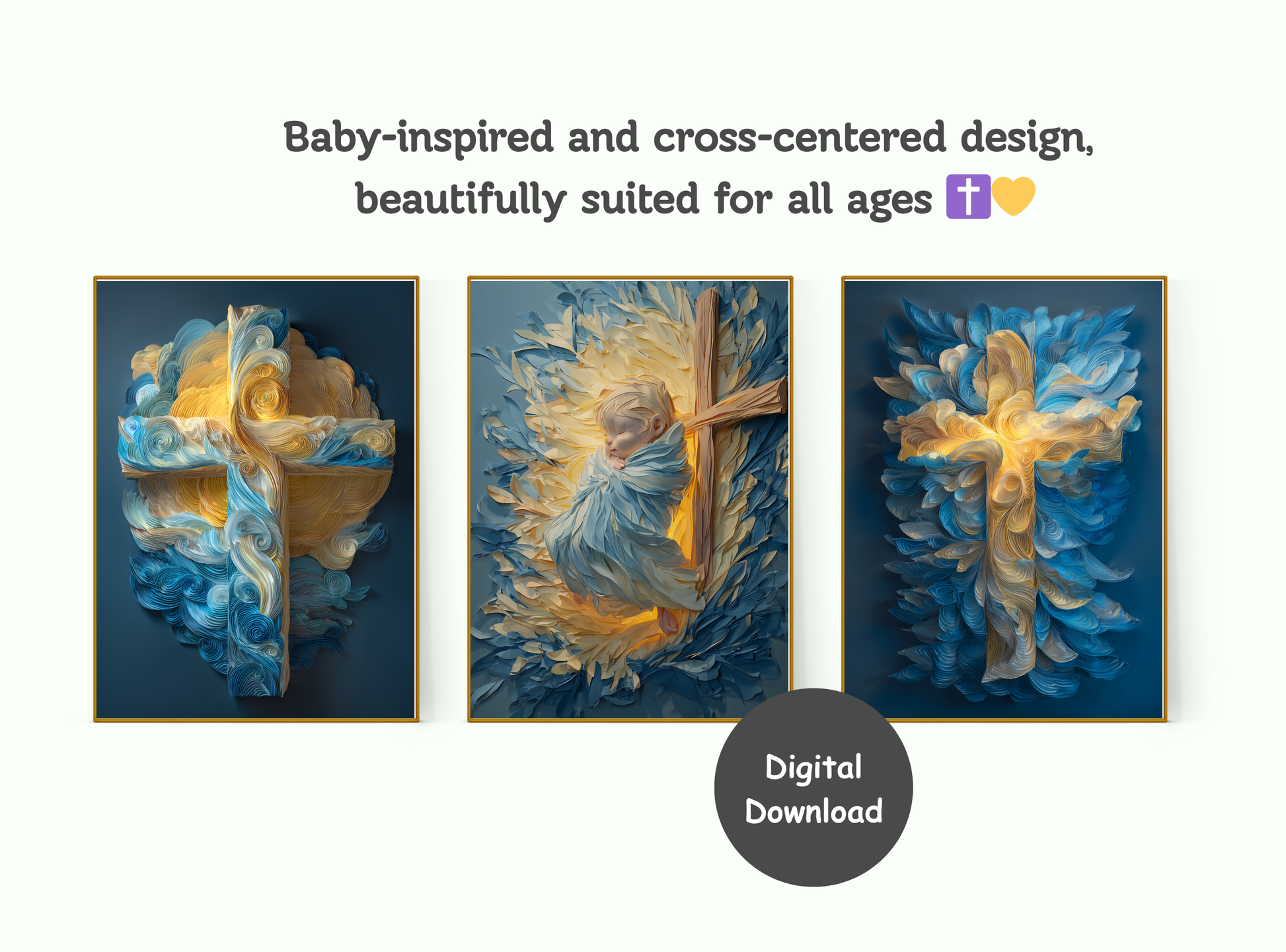 Set of 4 personalized baptism wall art prints with baby portraits, crosses, and prayer keepsakes.