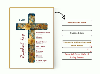 Set of 4 personalized baptism wall art prints with baby portraits, crosses, and prayer keepsakes.