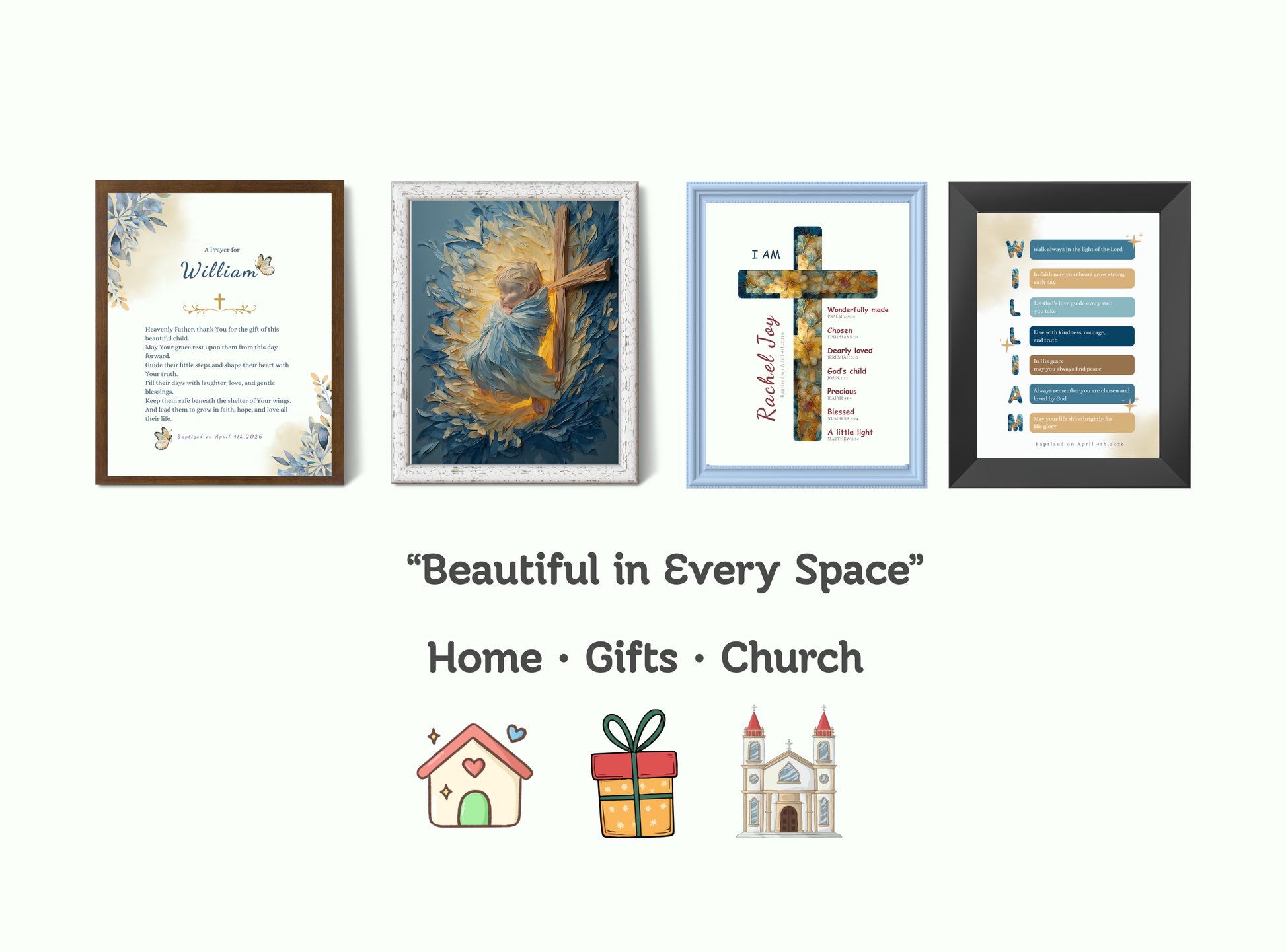 Set of 4 personalized baptism wall art prints with baby portraits, crosses, and prayer keepsakes.