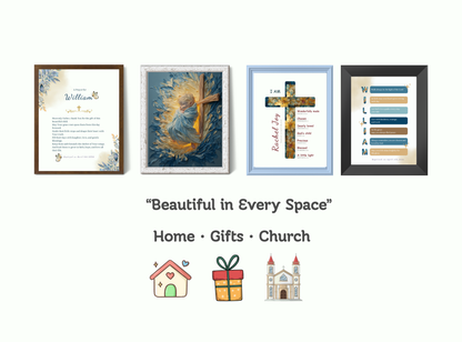 Set of 4 personalized baptism wall art prints with baby portraits, crosses, and prayer keepsakes.