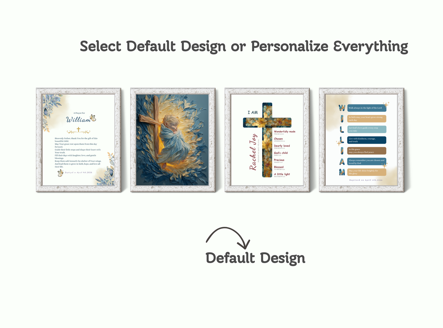 Set of 4 personalized baptism wall art prints with baby portraits, crosses, and prayer keepsakes.