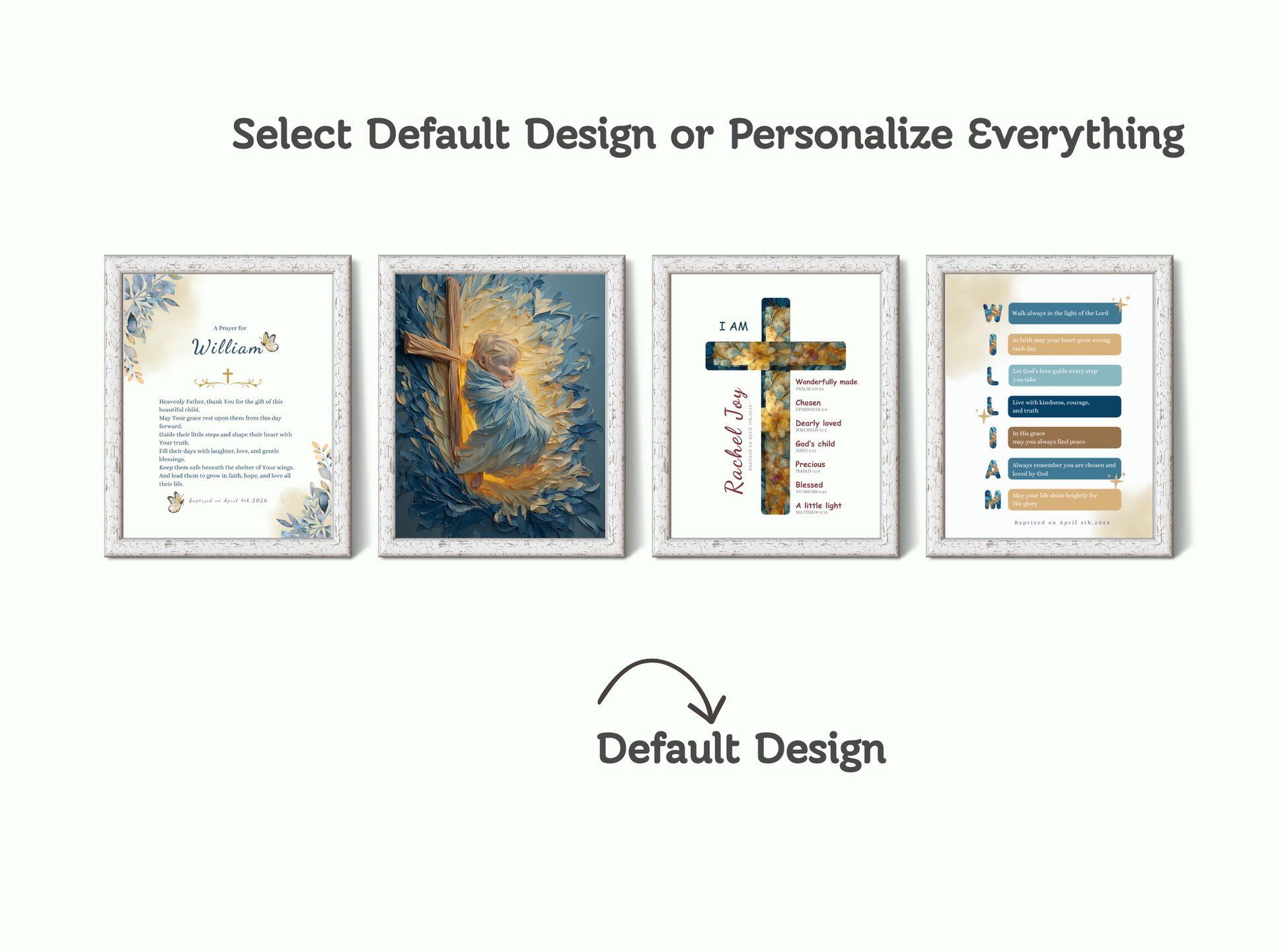 Set of 4 personalized baptism wall art prints with baby portraits, crosses, and prayer keepsakes.