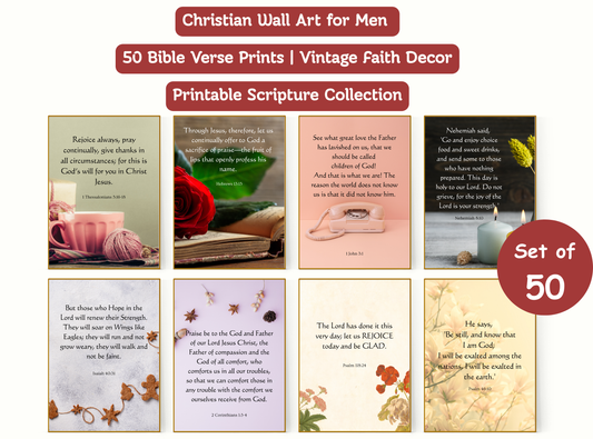 Strength for Men | Christian Wall Art | Vintage Bible Verse Prints | 50 Printable Faith Decor 